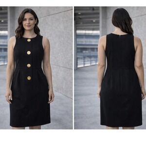 Donna Morgan Sheath Dress Womens 8 Black Gold Button Mod Professional